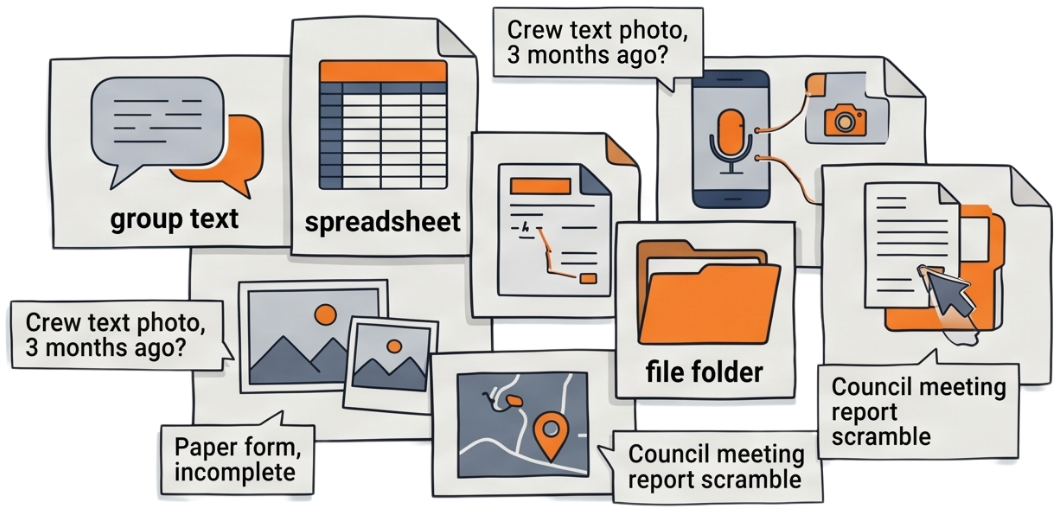 Scattered documents: group texts, spreadsheets, crew photos, file folders, paper forms, council meeting reports
